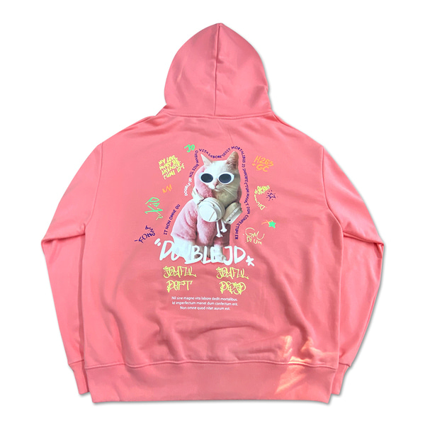 [더블제이디] 헤드셋 고양이 쭈리 후드 티셔츠 핑크