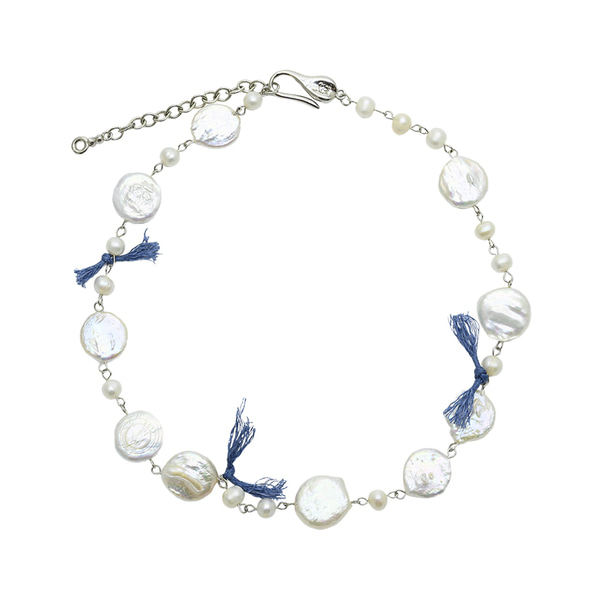 [로울] Blue ribbon pearl link necklace